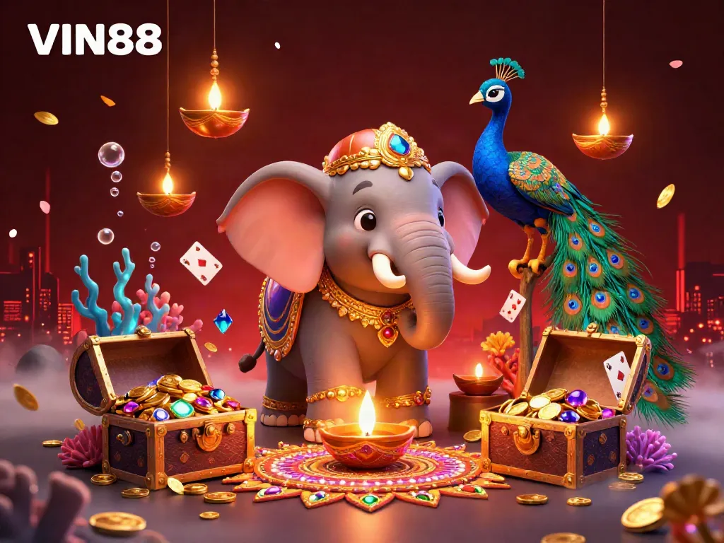 Experience the vibrant world of gambling with VIN88 featuring a dazzling elephant and peacock surrounded by treasures.