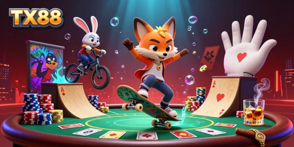 TX88, the 3D cartoon gaming scene showcases a fox and rabbit immersed in vibrant casino action.