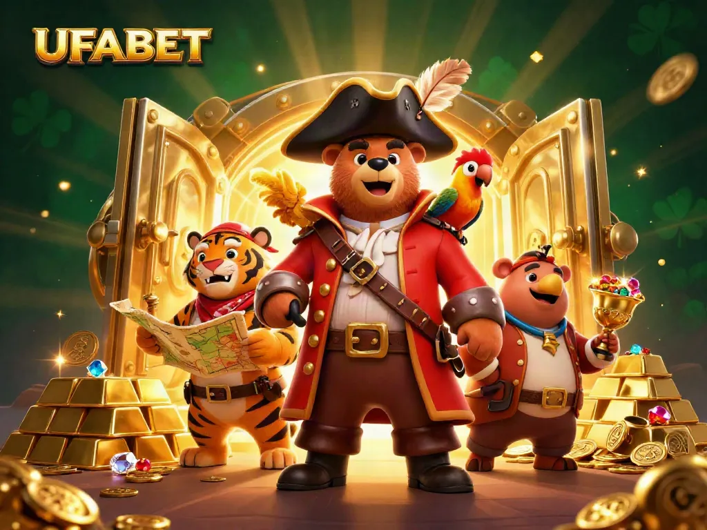 Engage with UFABET's exciting world of online gaming with a vibrant, dynamic 3D illustration featuring a pirate bear, tiger, and treasure.