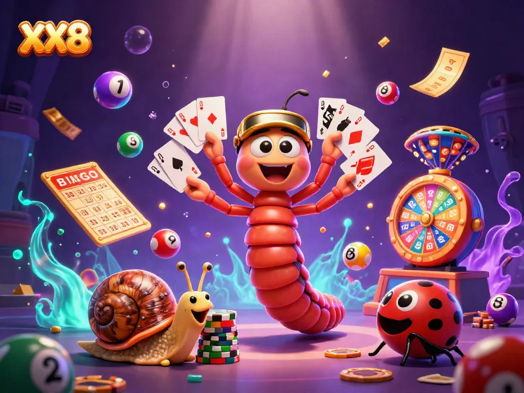 Engage in gaming excitement at XX8, featuring a cartoon millipede dealer and colorful lottery elements.