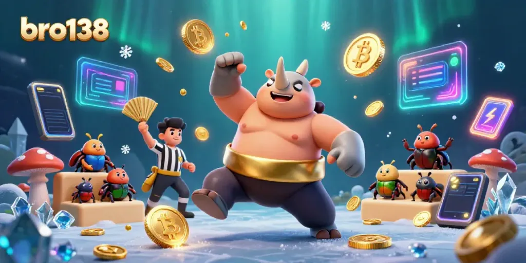 Watch the bro138 sumo champion beetle stomp as coins fly, amidst a vibrant casino scene.