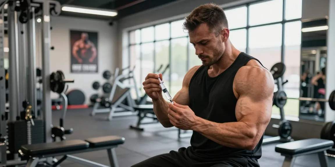 Bodybuilder im Anabolika Shop bereitet sich auf ein Workout mit anabolen Steroiden vor und zeigt Hingabe und Fitness.