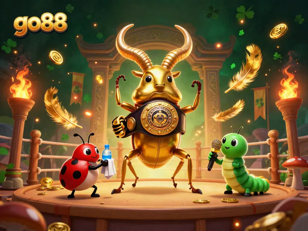 Experience excitement at go88 with a golden stag beetle champion battling in a vibrant casino arena.