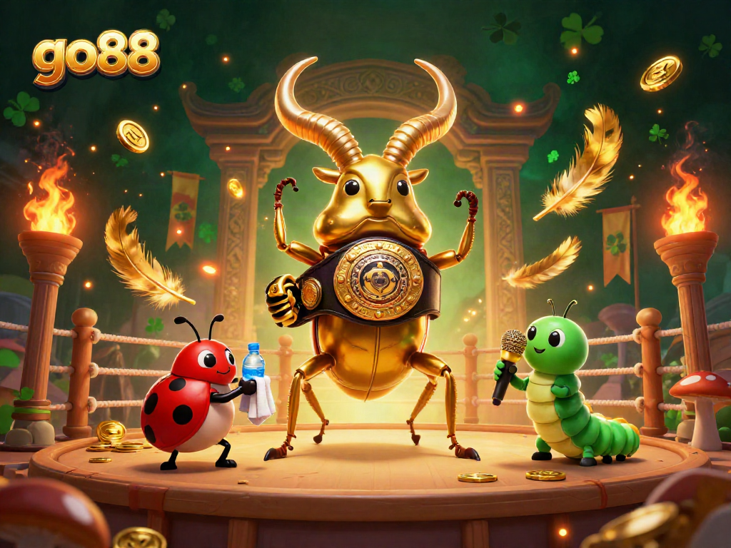 Experience excitement at go88 with a golden stag beetle champion battling in a vibrant casino arena.