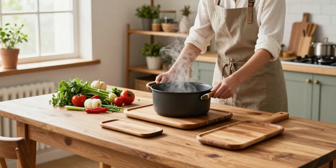 Topfuntersetzer aus Holz, der eine gemütliche Kücheneinstellung mit einem Topf auf einem magnetischen Untersetzer verbessert.
