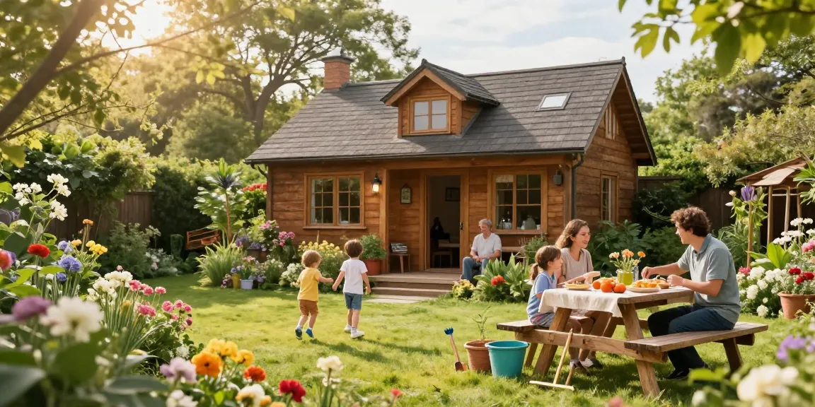 Gemütliches Gartenhaus Holz umgeben von blühenden Blumen, Familie genießt den Nachmittag im Garten.
