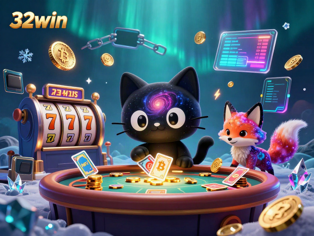 Experience cosmic gaming excitement at 32win with a black hole cat attracting golden chips and cards.