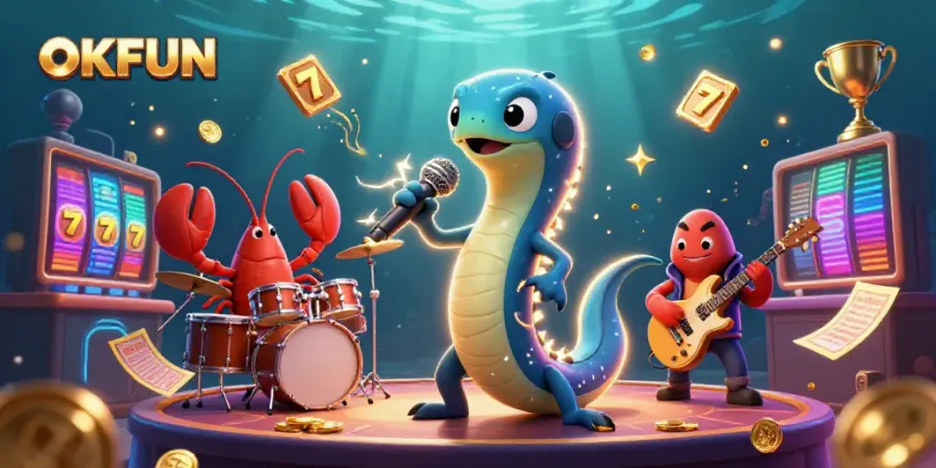 Engage in thrilling casino games with OKFUN as an electric eel DJ performs in an underwater stage.