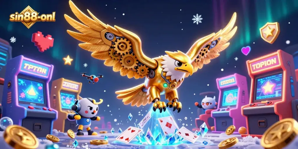 Experience thrilling gameplay with sin88-onl's vibrant 3D illustration of a golden eagle navigating holographic cards.