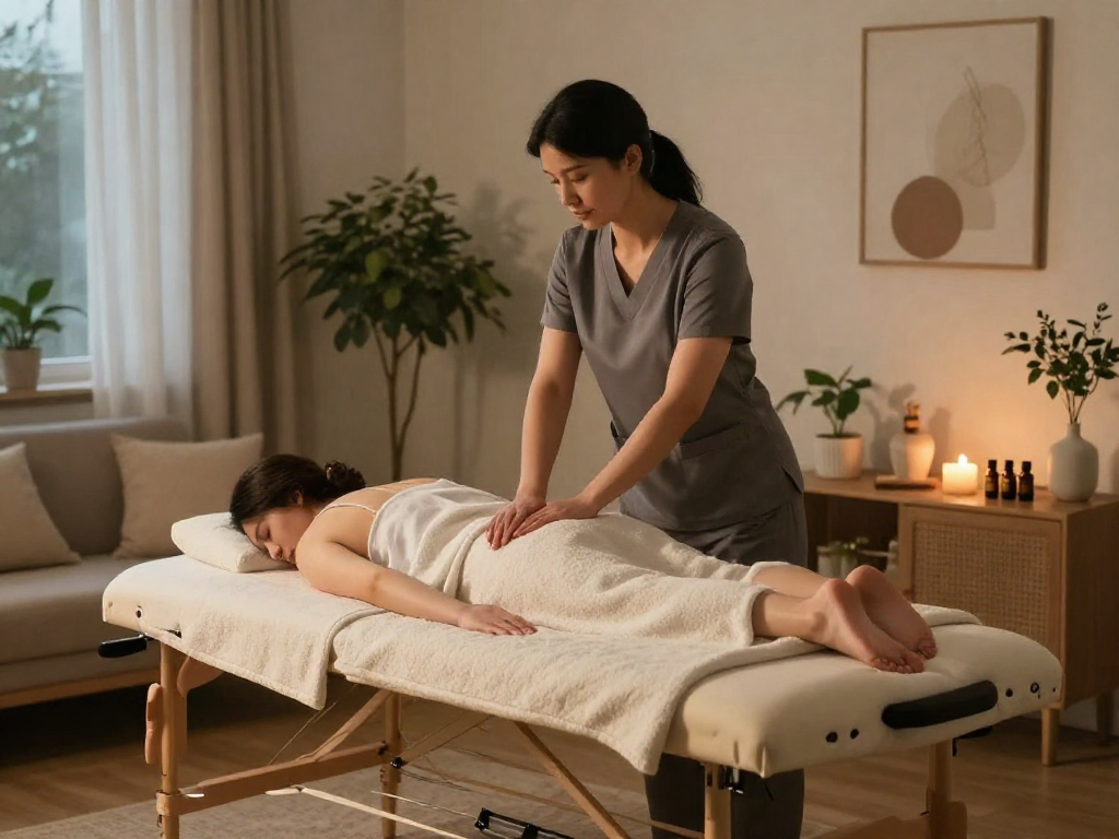 출장마사지 service in a peaceful home setting with a therapist preparing for a relaxing session.