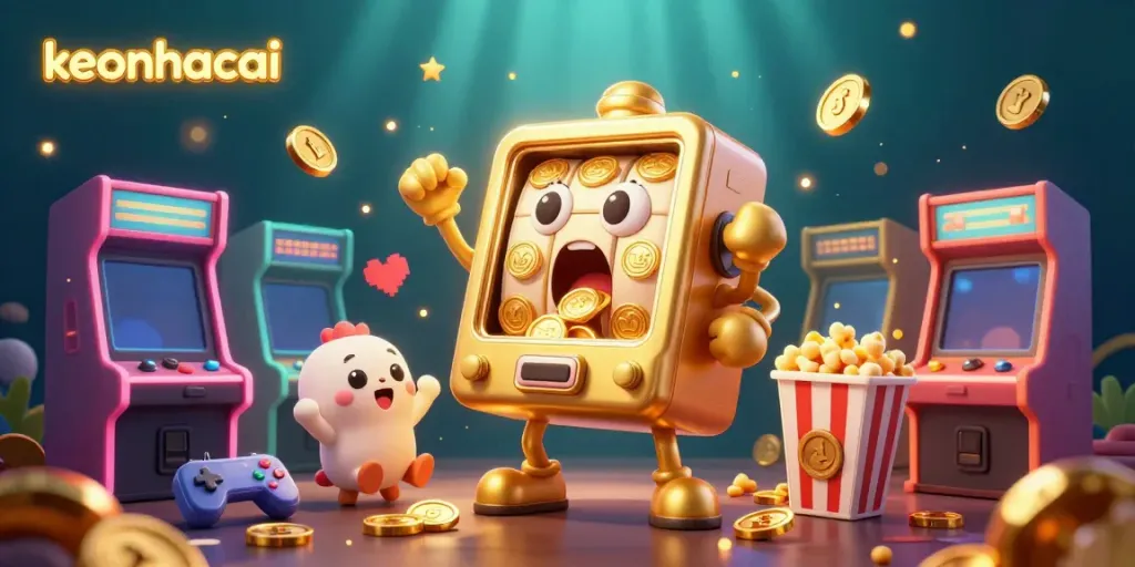 keonhacai showcases a joyful golden slot machine hitting a jackpot amidst colorful gaming elements and cheering companions.