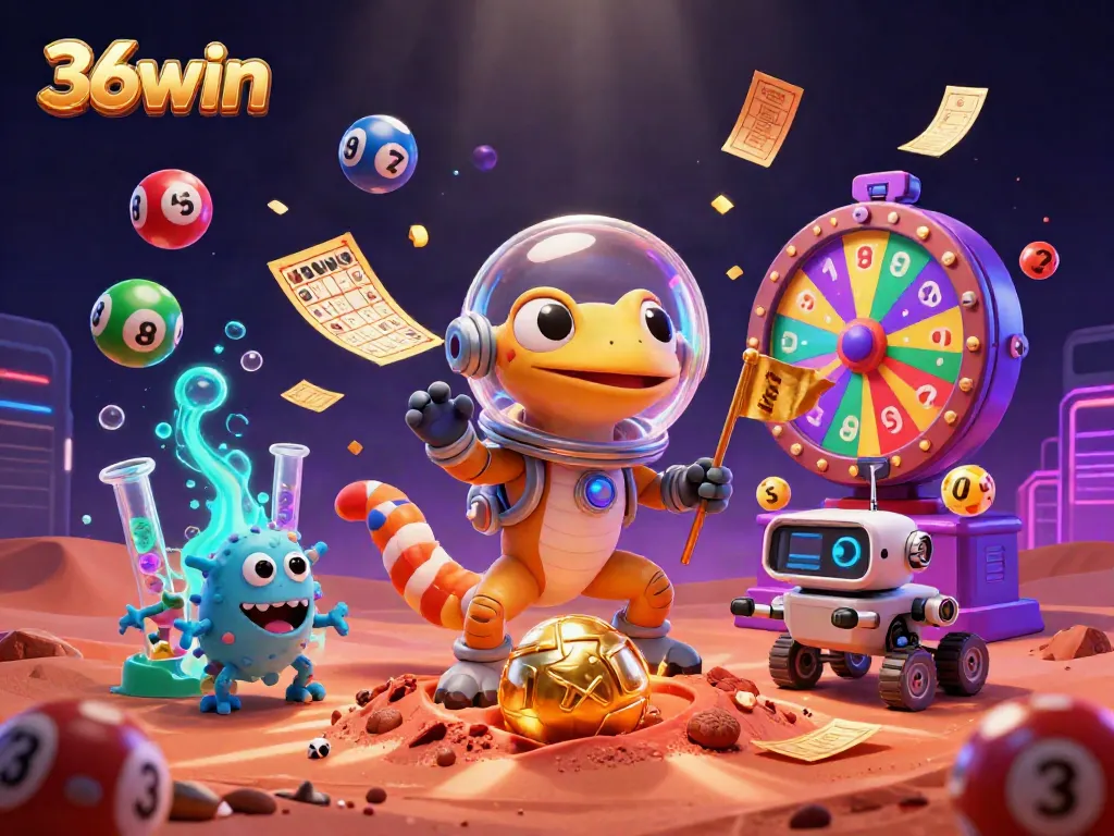 Engage with 36win's vibrant casino adventure featuring lottery balls and a Martian gecko.