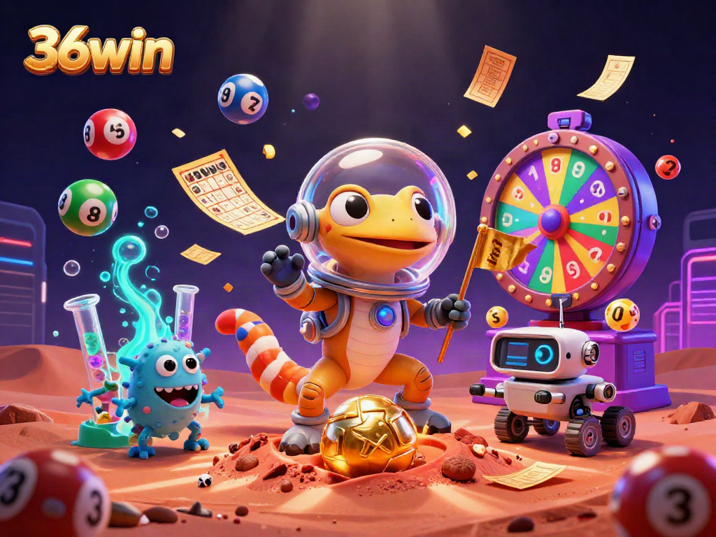 Engage with 36win's vibrant casino adventure featuring lottery balls and a Martian gecko.