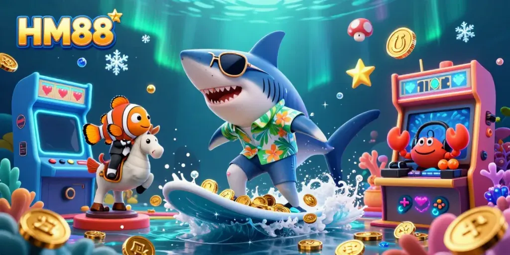 Surf the wave of gold coins with HM88 characters in an action-packed casino adventure