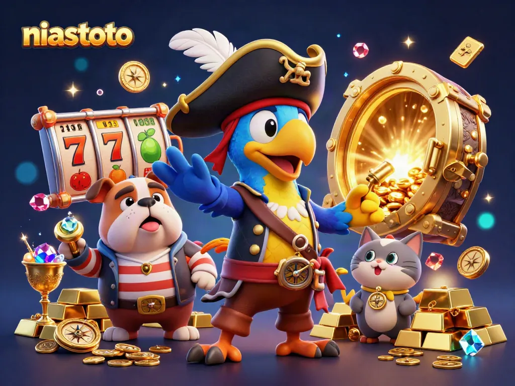 Permainan kasino interaktif niastoto dengan karakter kartun menarik dan simbol jackpot.