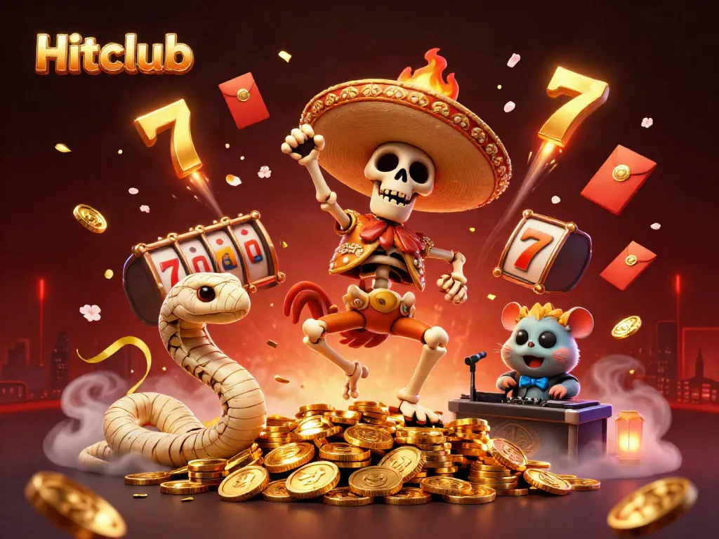 Engage in thrilling gameplay at Hitclub with a lively 3D illustration of winning characters celebrating on golden coins.