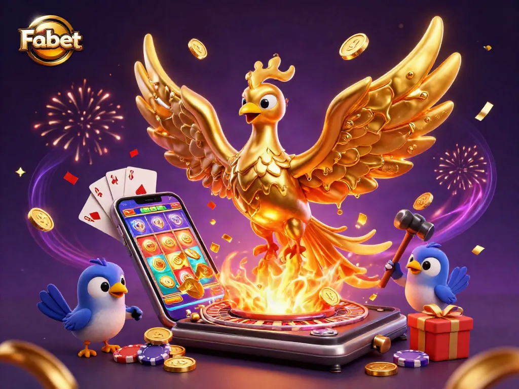 Experience thrilling betting at Fabet with a dynamic casino-themed illustration featuring a golden phoenix and animated gaming elements.