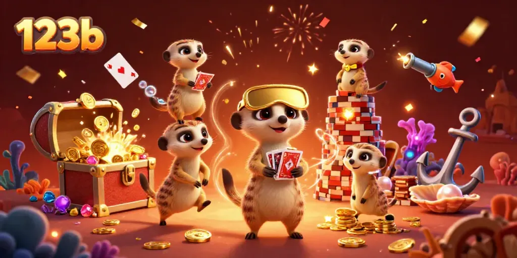 Experience the lively casino action with 123b, featuring meerkats in a vibrant gambling scene.