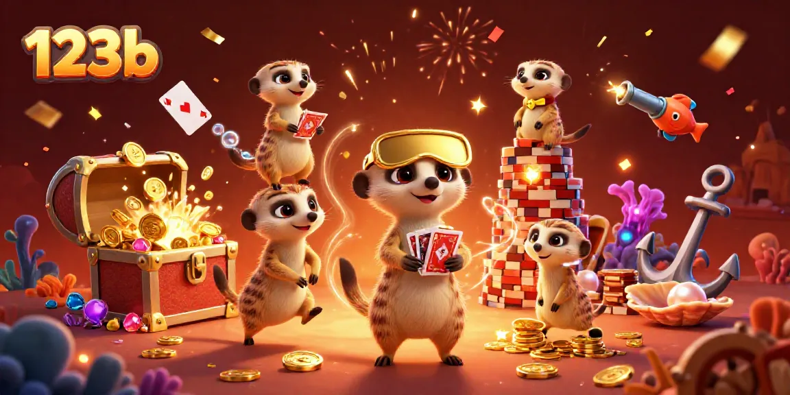 Experience the lively casino action with 123b, featuring meerkats in a vibrant gambling scene.