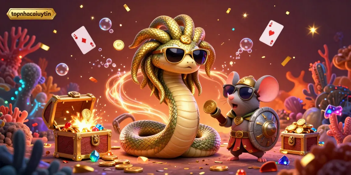 Engaging illustration representing topnhacaiuytin, featuring Medusa and a warrior mouse celebrating in a vibrant underwater casino setting.