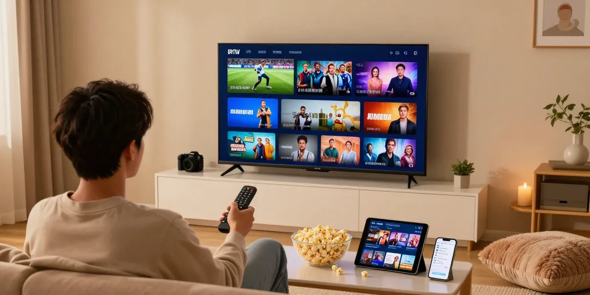 Enjoying IPTV abonnement Norge on a Smart TV, vibrant channels surrounding a cozy living room atmosphere.
