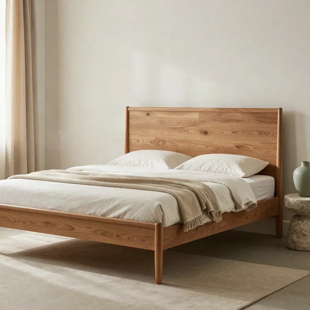 Bettgestell aus geöltem Holz mit Kopfteil im hellen Schlafzimmer bei Morgenlicht