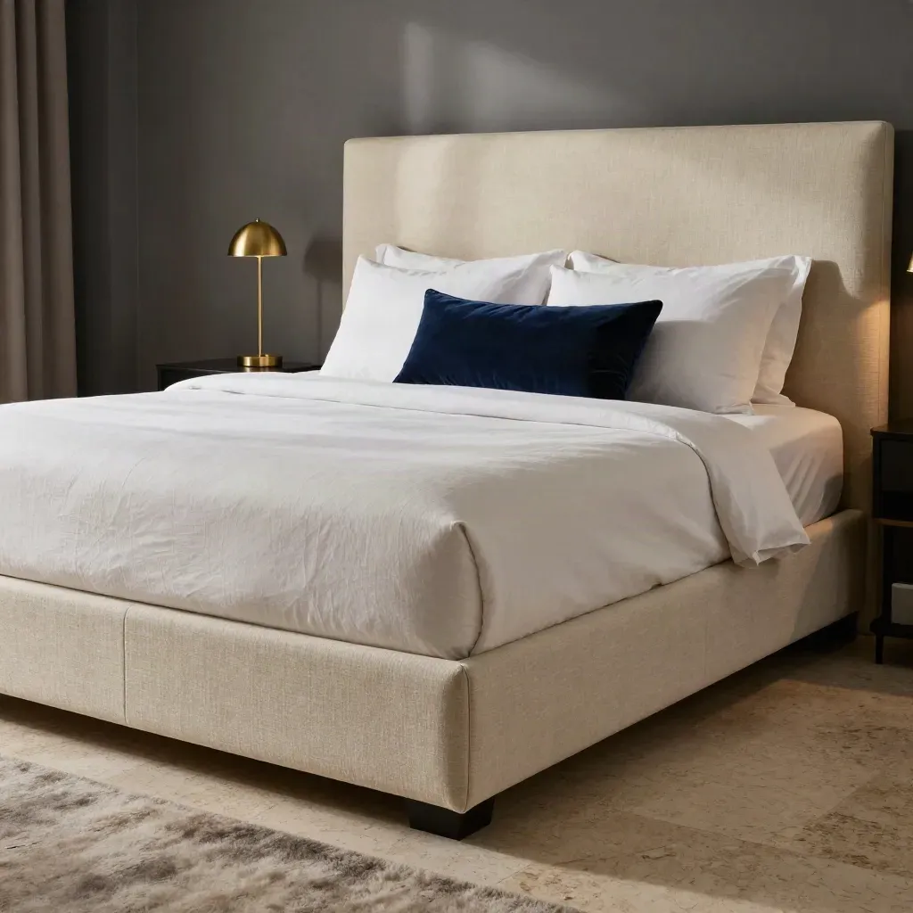 Luxuriöses Boxspringbett im Hotelzimmer mit hoher Polsterkopfteil und dunkelblauem Akzent.