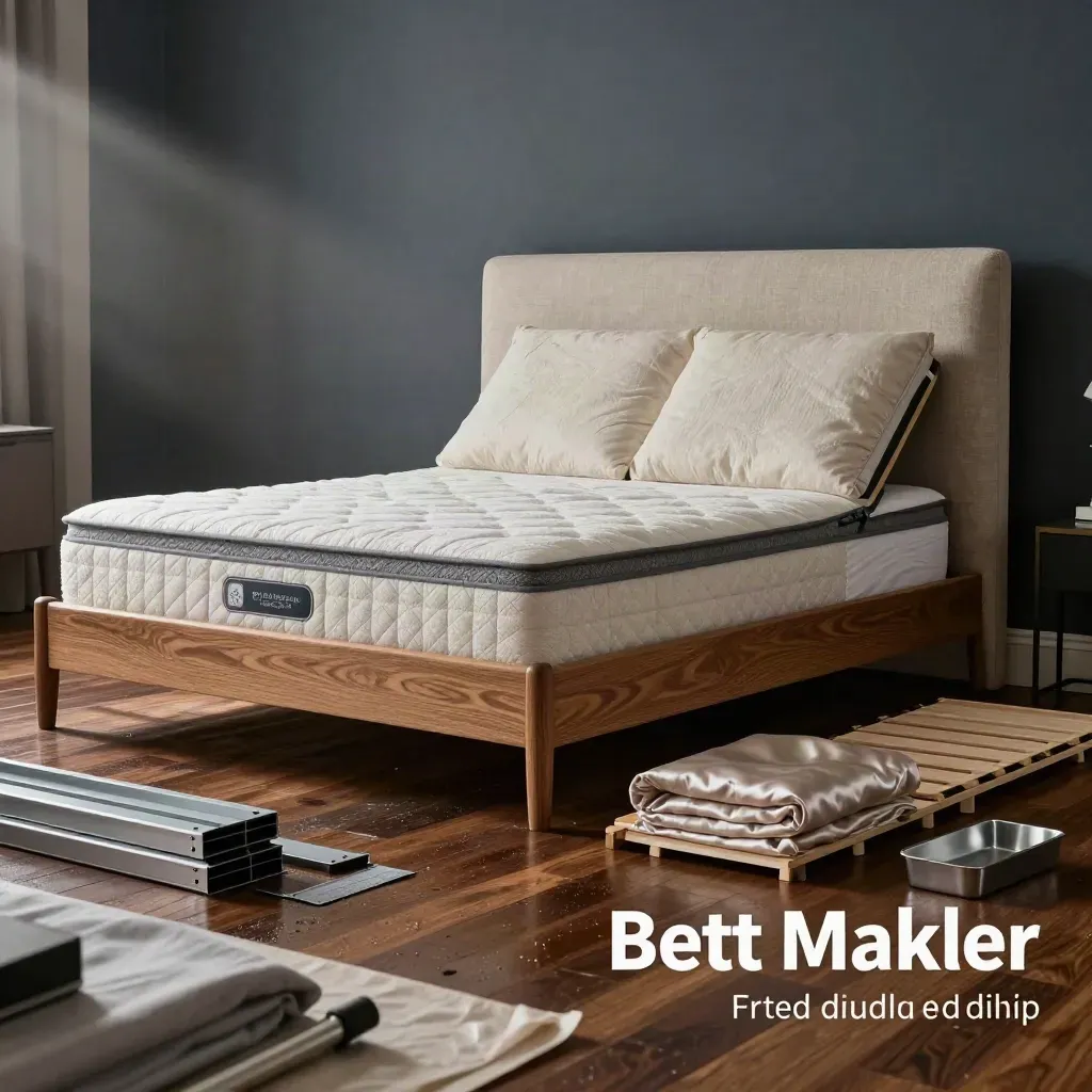 Luxuriöses Bett-Ensemble aus Eichenholz mit Boxspring, Matratze und Zubehör im Showroom.
