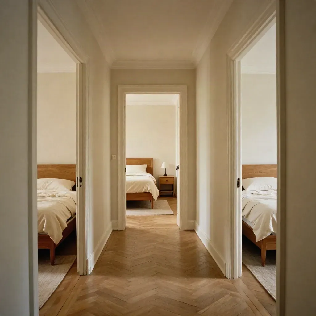 Altbau-Flur mit drei fertigen Schlafzimmern hinter offenen Türen und warmem Holzbettgestell.