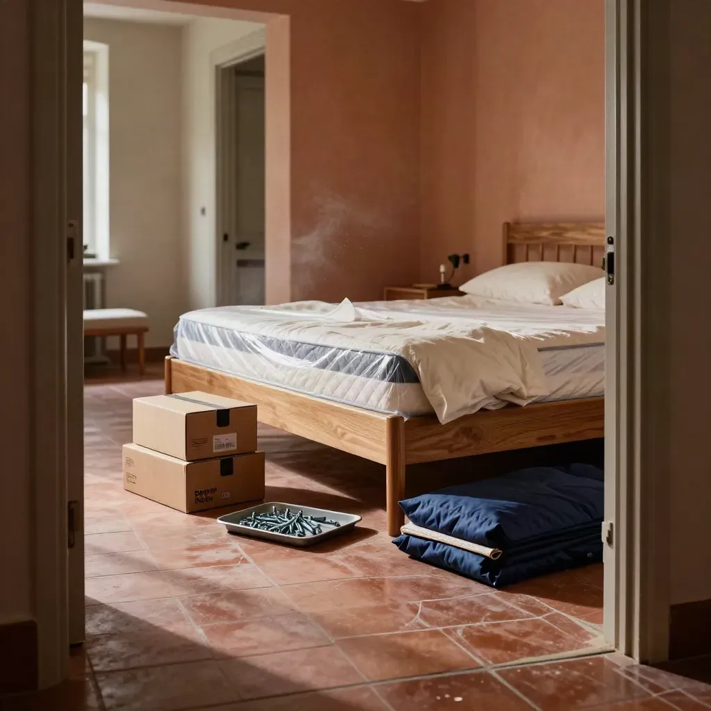 Geliefertes Bett mit Kartons und Montagematerial im Eingangsbereich, bereit für den Aufbau.