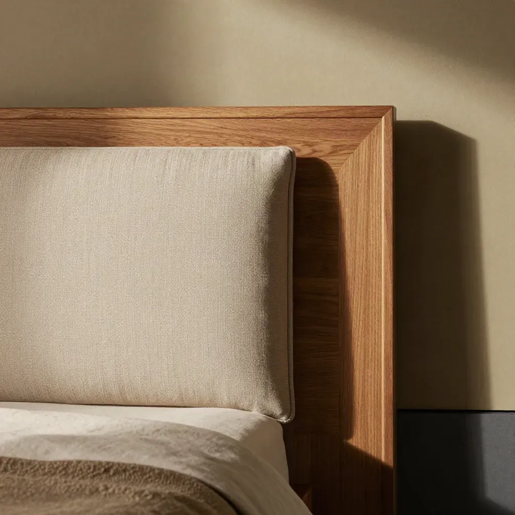 Zwei Kopfteile aus Stoff und Holz vor heller Wand mit dramatischem Licht.