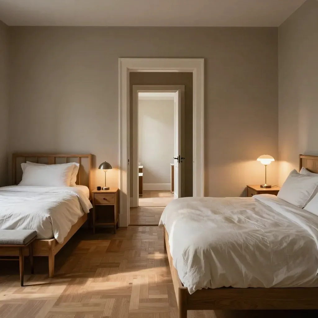 Bezugsfertiges Apartment-Schlafzimmer mit zwei gemachten Betten und ruhigem Flurlicht