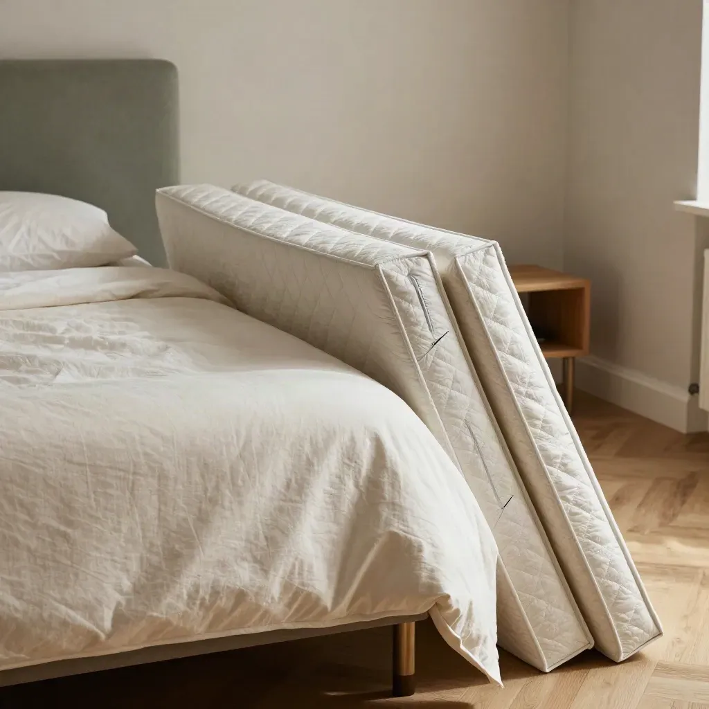 Helle Ferienwohnung mit bezogenem Bett und zwei verpackten Ersatzmatratzen im Gästewechsel.