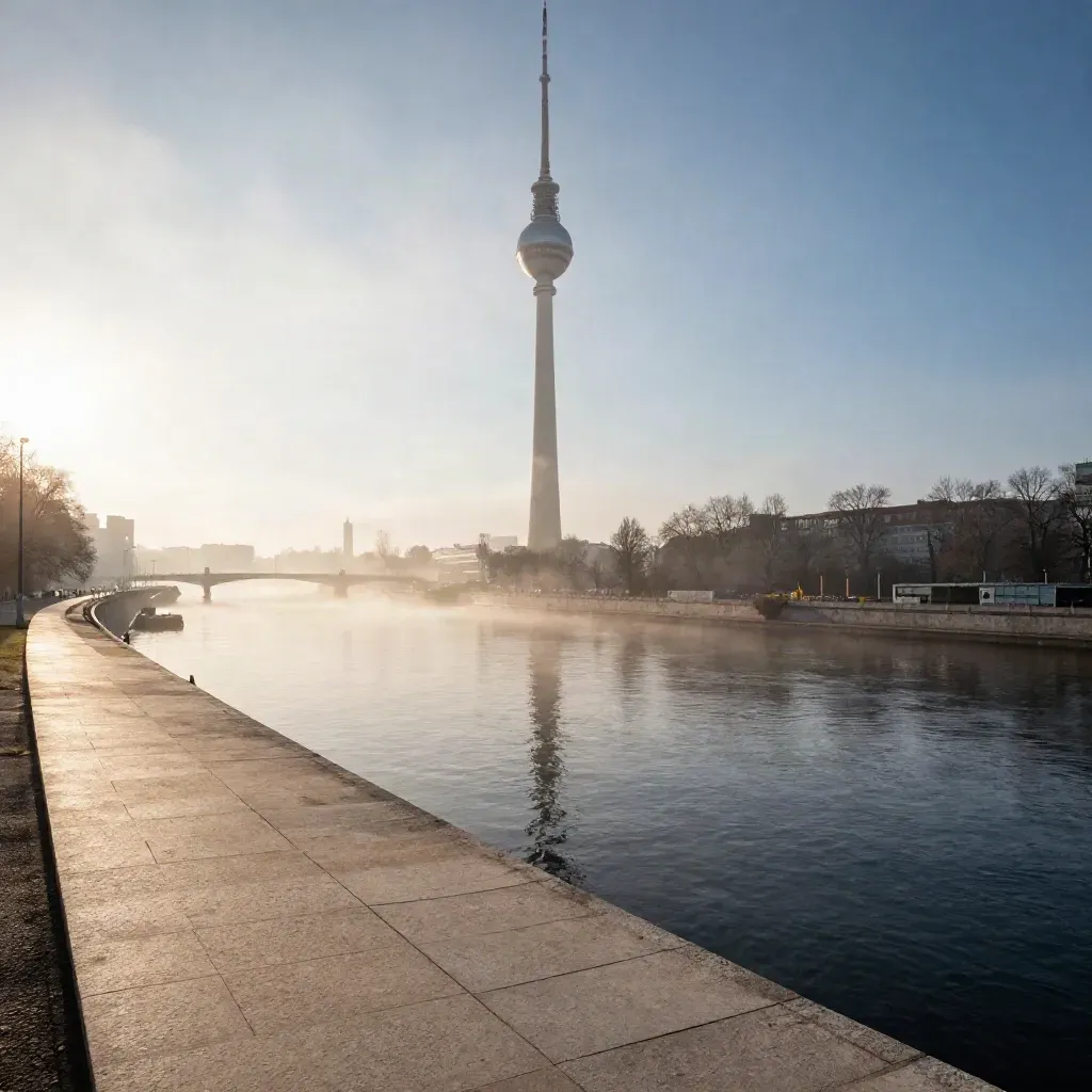 Fernsehturm über der Spree im Morgennebel, ruhige Stadtansicht mit viel Freifläche