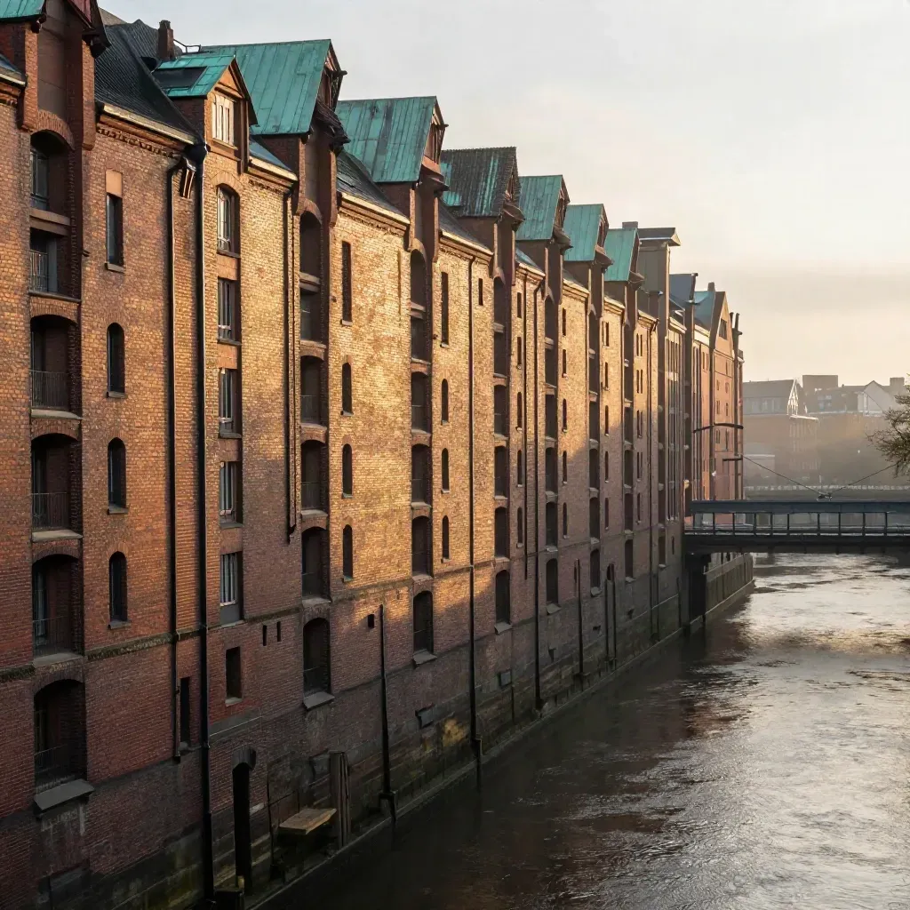 Hamburgs Speicherstadt im goldenen Morgenlicht über stillen Fleeten und leichtem Nebel
