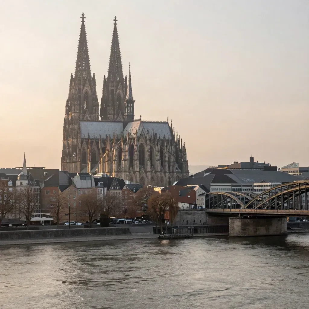 Köln mit Dom über dem Rhein im warmen Abenddunst, weit und ruhig