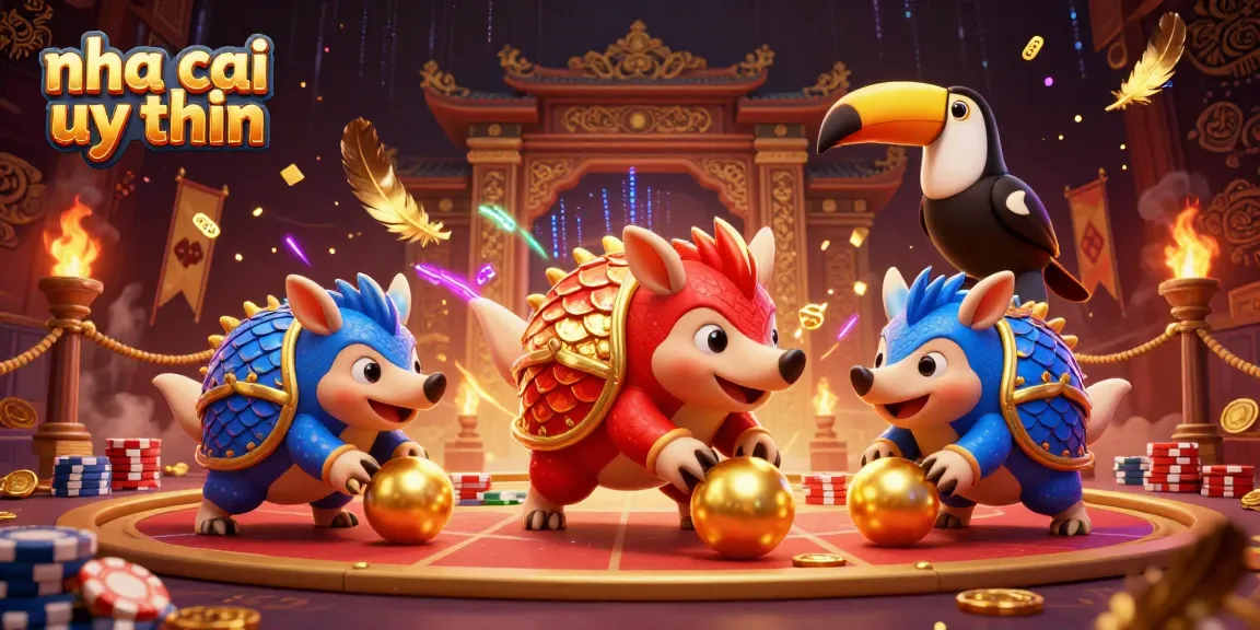 Dynamic scene of rival pangolins in armor amidst confetti and poker chips, promoting nha cai uy tin gaming.