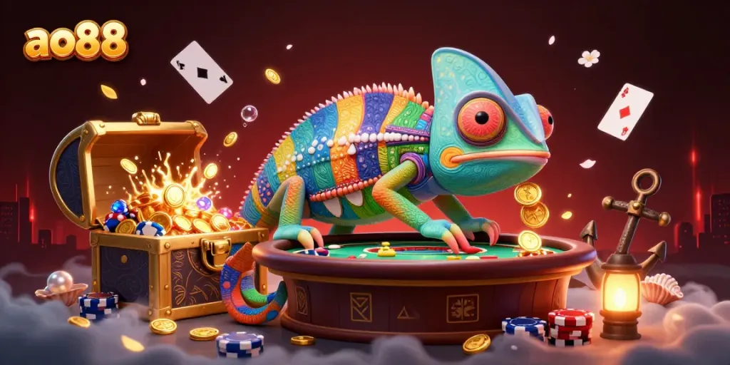 Engage with exciting ao88 casino games featuring vibrant chameleon character and stunning underwater elements.