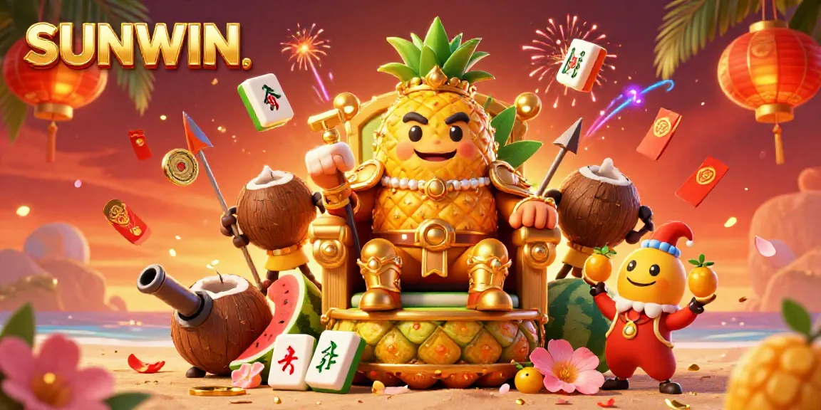 SUNWIN casino event showcasing a golden pineapple king and his fruity entourage at a lively beach scene.