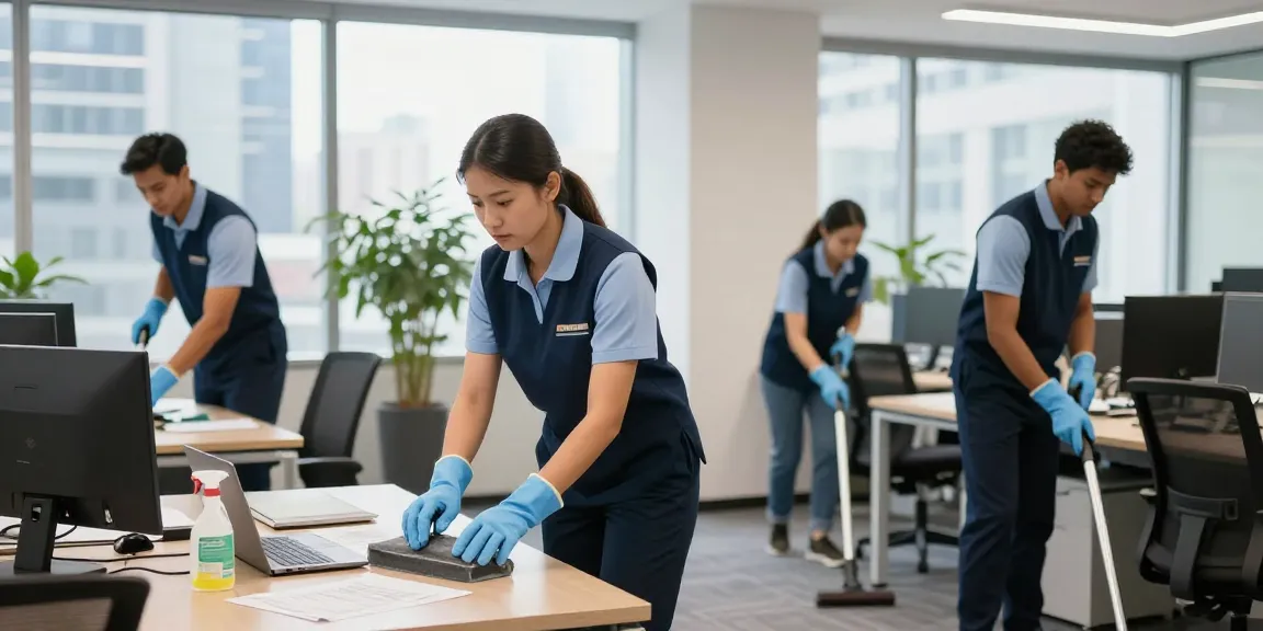 Professionelle Gebäudereinigung Düsseldorf in einem modernen Büro mit einem Team, das effizient reinigt.