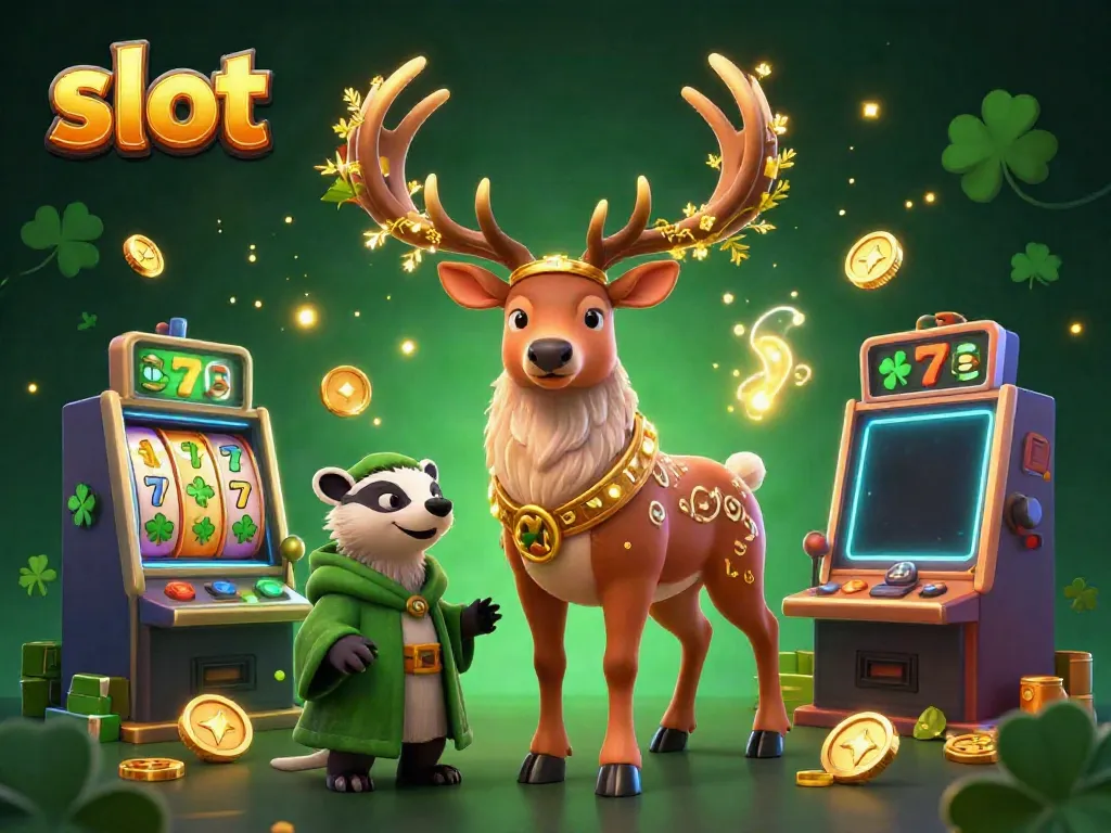 Engage in thrilling slot games while admiring a majestic stag and a wise badger in a vibrant 3D scene.