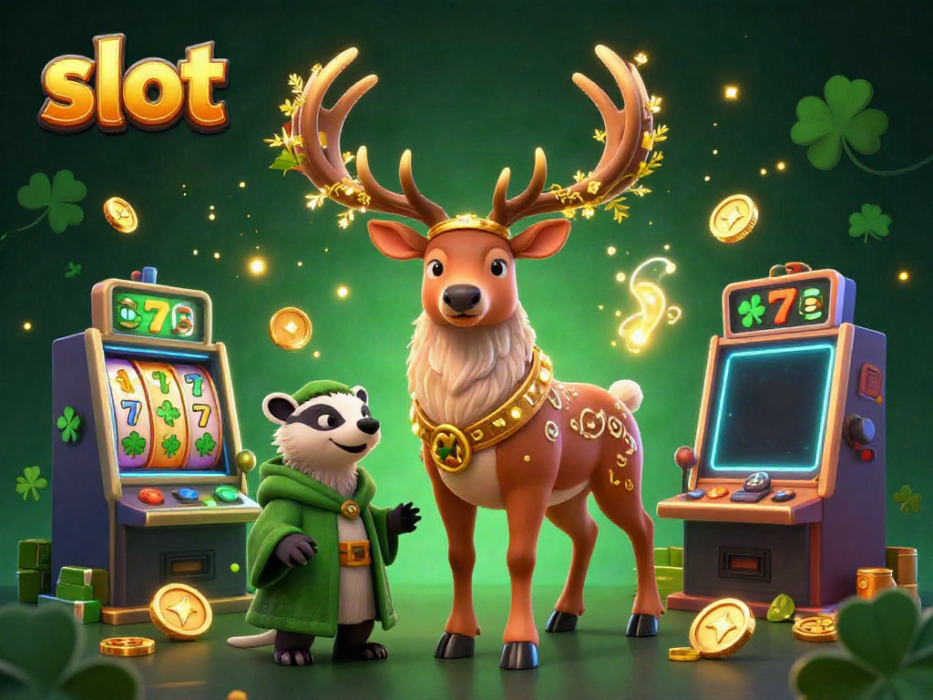Engage in thrilling slot games while admiring a majestic stag and a wise badger in a vibrant 3D scene.