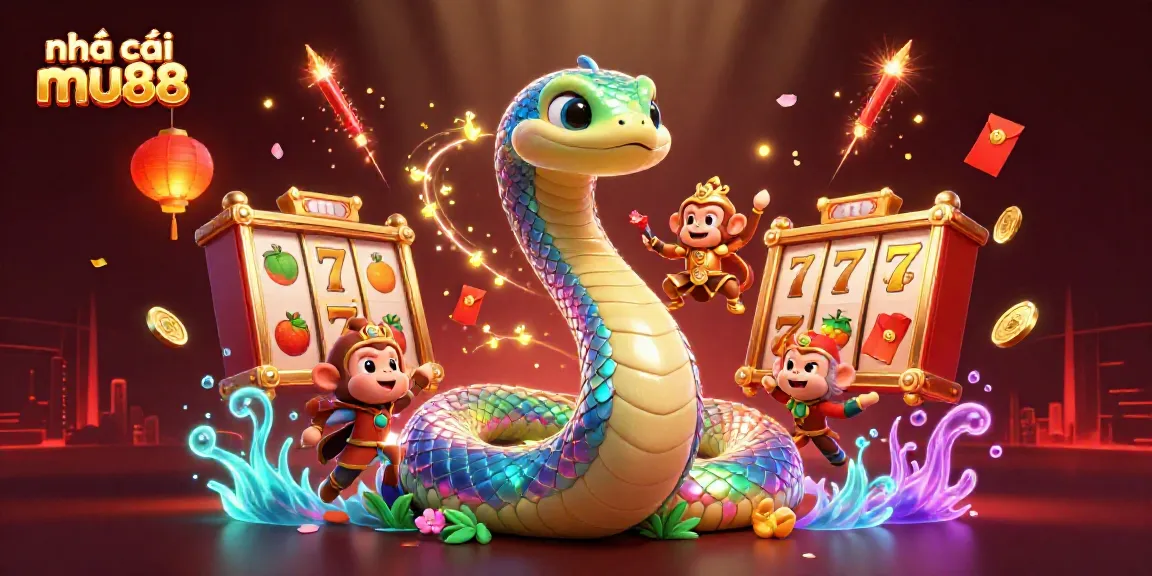 Engage with the vibrant scene of nhà cái mu88, featuring a colorful serpent and a monkey king amidst slot reels and festive elements.