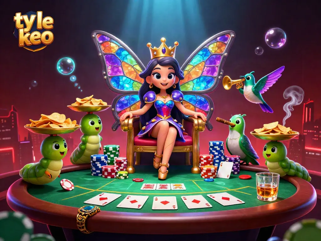 Place your bets with ty le keo displayed amid vibrant casino chaos with butterfly queen and poker chips.