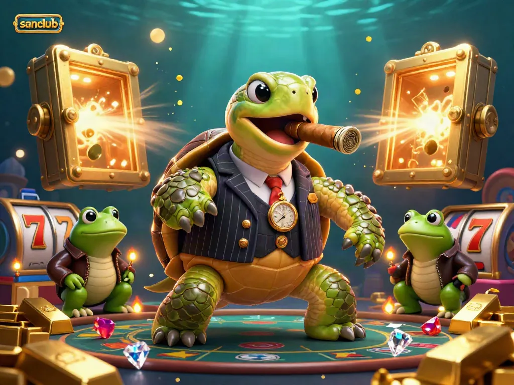 Engage with sanclub's high-stakes gaming world featuring vibrant casino elements and lively characters.