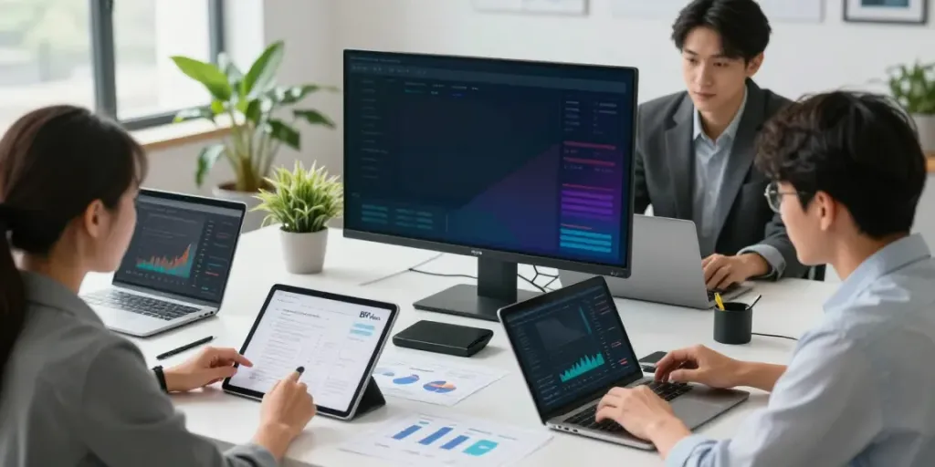 Equipe analisando estratégias financeiras do BPI Net Empresas em um escritório moderno.