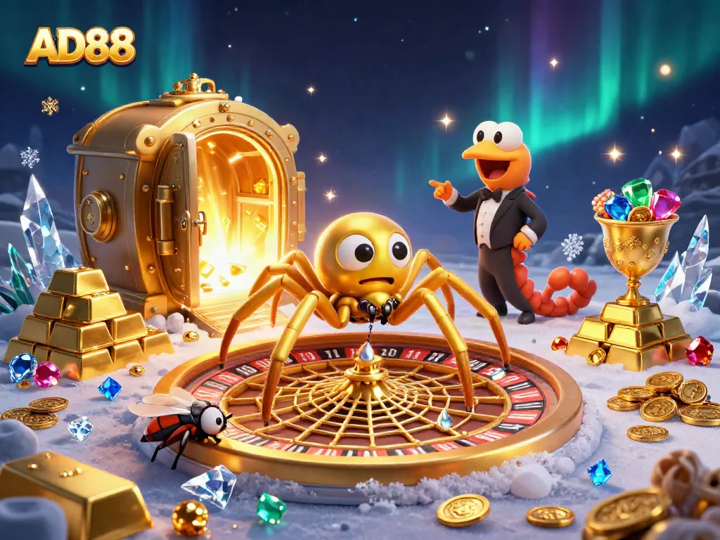 AD88 reveals a vibrant casino scene with a golden spider and dynamic gambling elements.