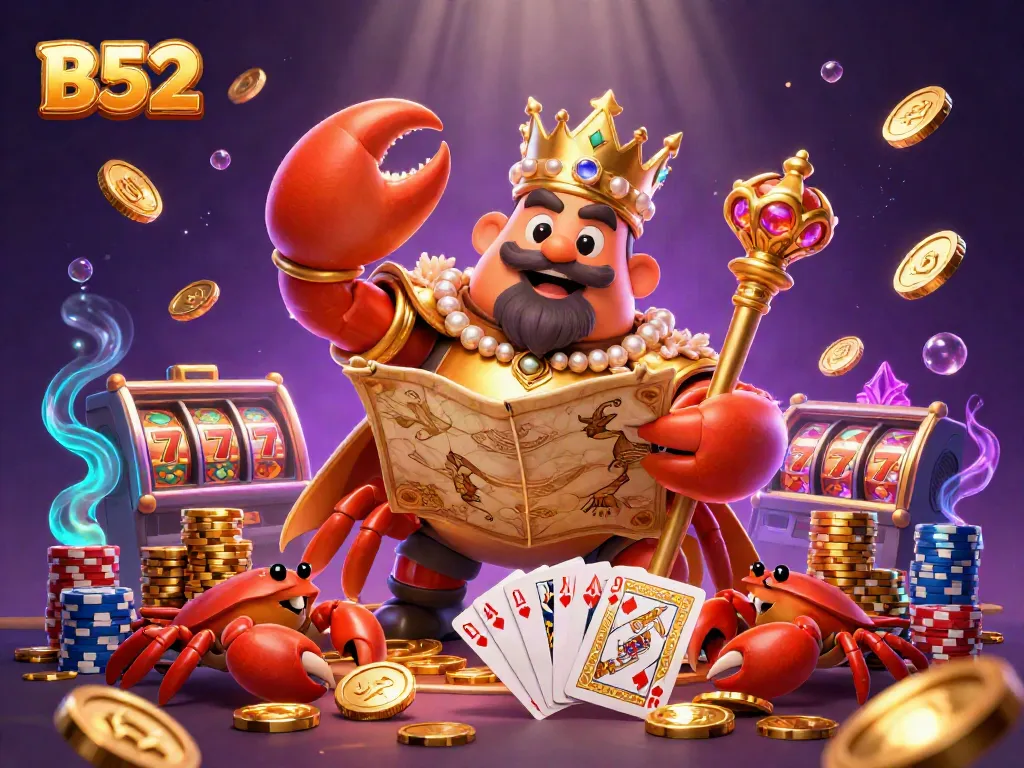 B52 showcases a majestic crab emperor amidst golden coins and vibrant slot reels in a bustling casino scene.