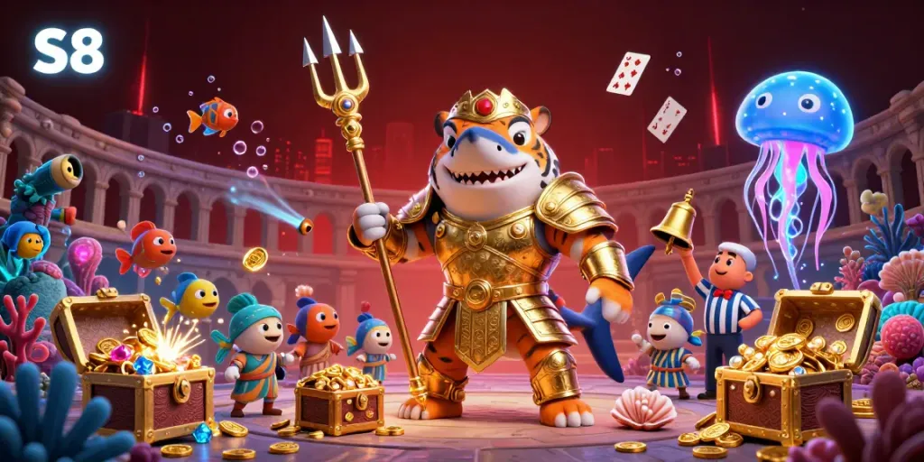 S8 offers an exhilarating underwater gaming experience with a tiger shark and treasure, capturing the thrill of gambling.