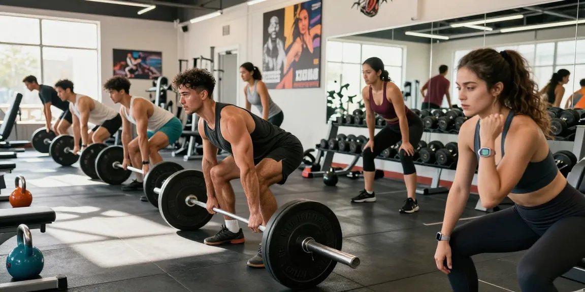 Aktive Athleten im Selliza Shop Fitnessstudio, zeigen mit Krafttraining und digitaler Uhr ihre Fitness.